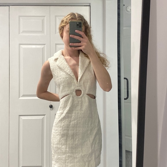 Cream Tweed Zara S Cut Out Collared Dress - Picture 2 of 6